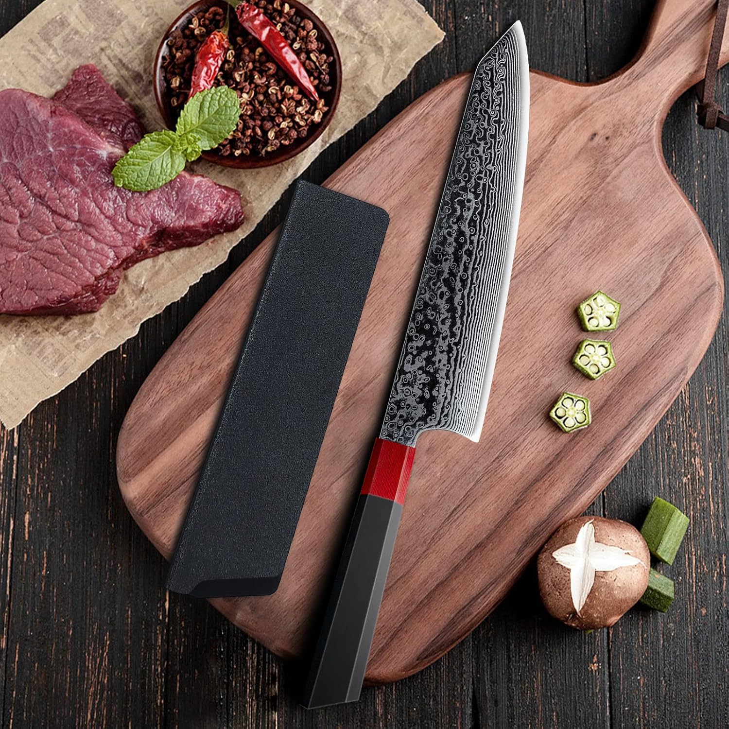Japanese Damascus Steel Black & Wooden Chef Knife Collection